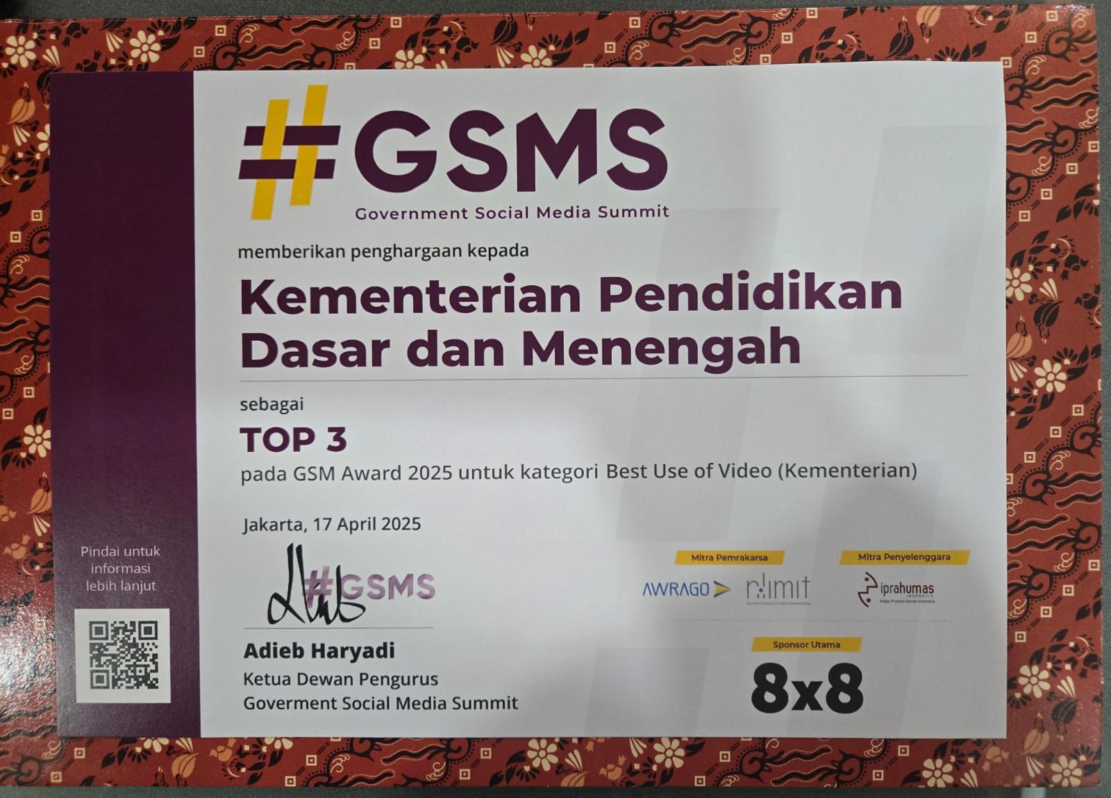 Kemendikdasmen Raih Penghargaan GSM Award 2025 Kategori Best Use of Video Kementerian